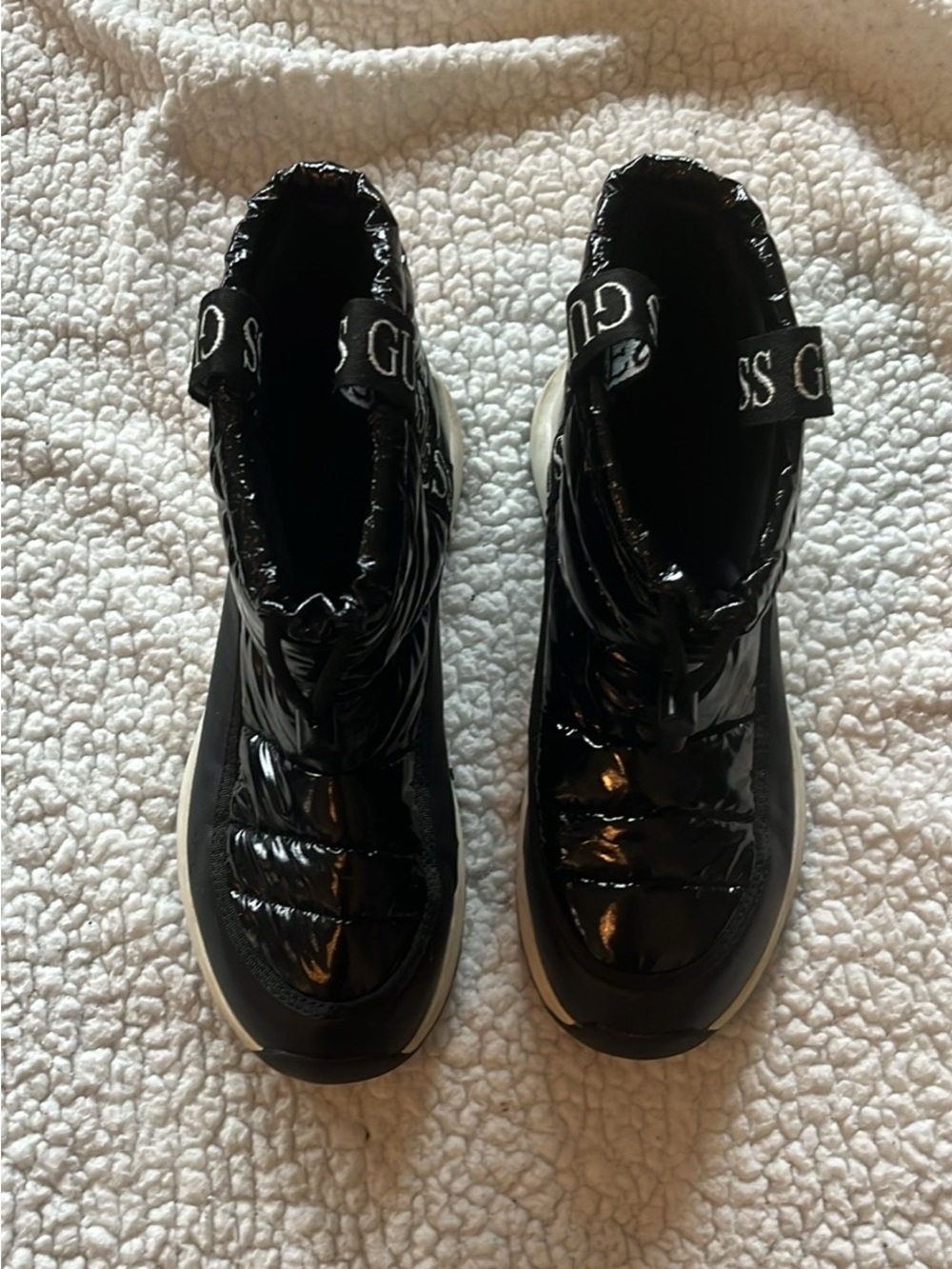 Guess Black Patent Quilted Ankle Winter Boots with Branded Pull Tabs